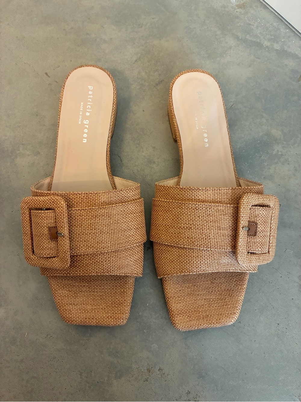 Patricia Green Tan Woven Buckle Slide Sandals